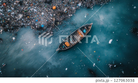 A lone wooden boat amidst a sea of plastic pollution A lone wooden boat amidst a sea of plastic pollution 127063038