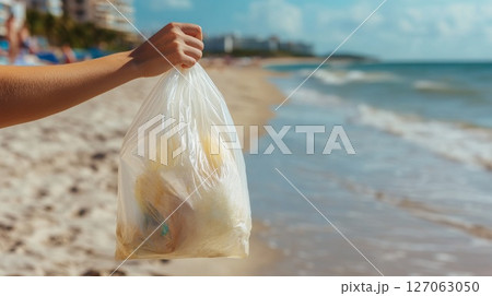 Hand Holding a Plastic Bag Filled with Trash on a Beach Hand Holding a Plastic Bag Filled with Trash on a Beach 127063050