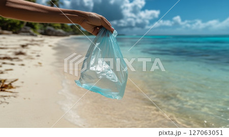 Hand Holding a Blue Plastic Bag on a Beach 127063051
