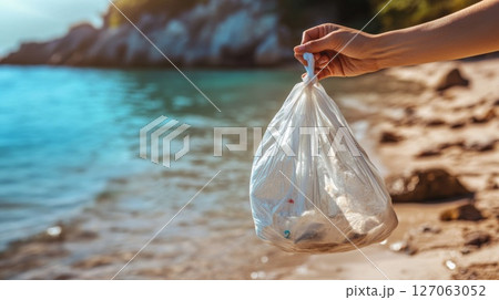 Hand Holding a Plastic Bag Filled with Beach Trash Hand Holding a Plastic Bag Filled with Beach Trash 127063052