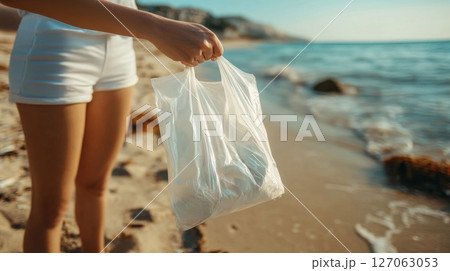 Person holding a plastic bag filled with trash on a beach 127063053