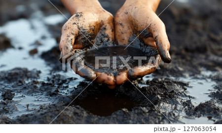 Mud-Covered Hands Holding a Pool of Water Mud-Covered Hands Holding a Pool of Water 127063054