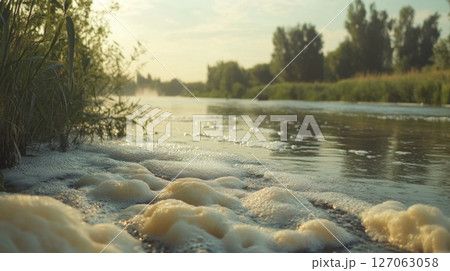 Close-up of White Foam Along a Riverbank with a Defocused Background 127063058