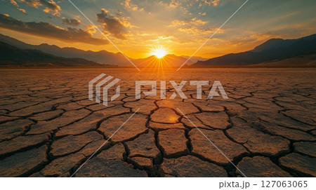 Sunset Over a Cracked Earth Landscape Sunset Over a Cracked Earth Landscape 127063065
