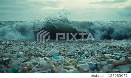 A crashing wave reveals a beach littered with plastic debris. 127063071