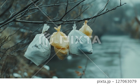 Four Plastic Bags Hanging from Tree Branch Four Plastic Bags Hanging from Tree Branch 127063079