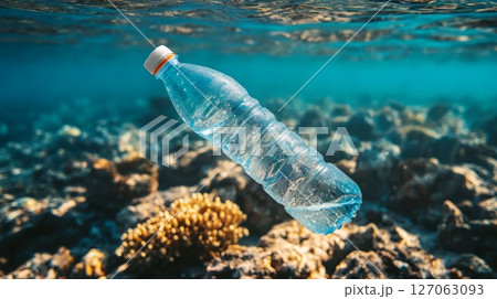Plastic Water Bottle Floating in a Coral Reef Plastic Water Bottle Floating in a Coral Reef 127063093
