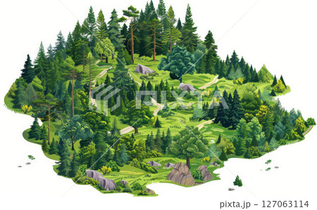 Detailed isometric forest, path, flat style, white background, high resolution. Pro design enhances natural art appeal. 127063114