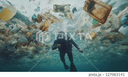 Diver Surrounded by Plastic Pollution in the Ocean 127063141