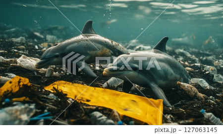 Dolphins Surrounded by Plastic Pollution in the Ocean Dolphins Surrounded by Plastic Pollution in the Ocean 127063145
