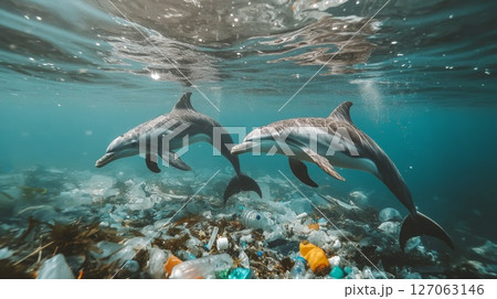 Two Dolphins Swimming Through Plastic Pollution in the Ocean Two Dolphins Swimming Through Plastic Pollution in the Ocean 127063146