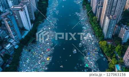 Aerial View of a River Severely Polluted with Plastic Waste Between Tall Buildings Aerial View of a River Severely Polluted with Plastic Waste Between Tall Buildings 127063156