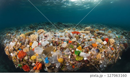 Coral Reef Overwhelmed by Plastic Pollution 127063160