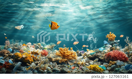 Underwater Coral Reef Covered in Plastic Waste and Fish 127063161
