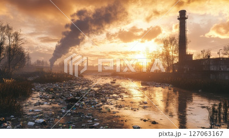 Industrial Pollution at Sunset with a River of Garbage Industrial Pollution at Sunset with a River of Garbage 127063167