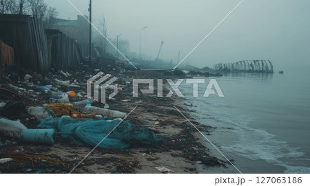 A Foggy Shore Littered with Plastic and Debris 127063186