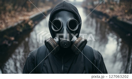 Person Wearing a Black Gas Mask in Front of a River Person Wearing a Black Gas Mask in Front of a River 127063202