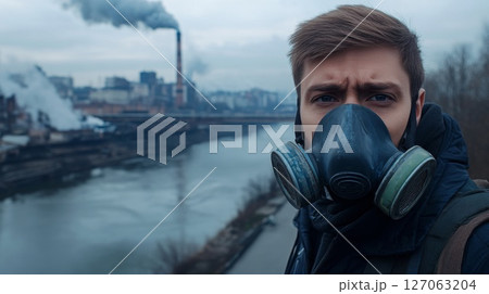 Man in a Gas Mask Against a Polluted Industrial Cityscape 127063204