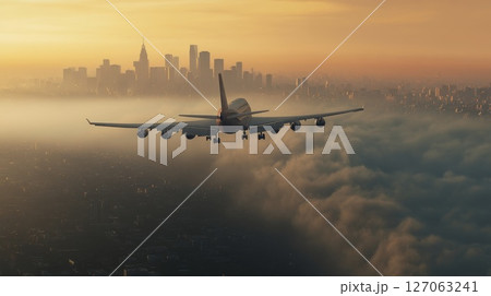 Airplane Descending Through Clouds Over a City Skyline at Sunset 127063241