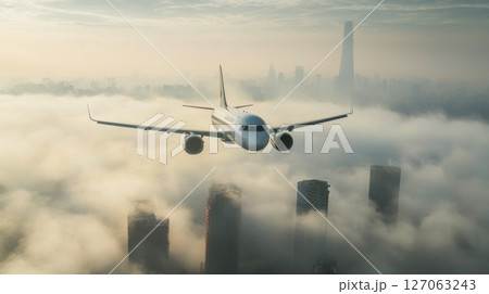 Airplane Soaring Above a Foggy Cityscape 127063243
