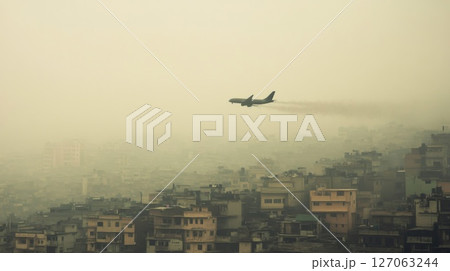 Airplane Soaring Through Foggy Cityscape 127063244