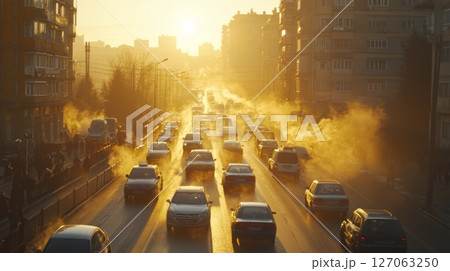 Cityscape with cars and steam during sunrise 127063250