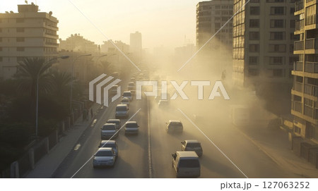Cars Driving Through Dust and Fog on a City Street 127063252