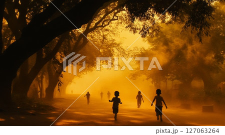 Silhouettes of Children Running Through a Misty Forest Path at Sunset 127063264