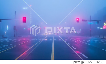 Empty City Street shrouded in Fog with Neon Lights 127063266