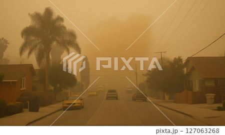 Suburban Street Cloaked in Dense Smoke and Haze Suburban Street Cloaked in Dense Smoke and Haze 127063268