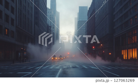 Foggy Street in a City with Tall Buildings and Cars 127063269