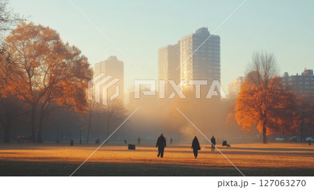 Foggy City Park with Silhouetted Figures and Autumn Trees Foggy City Park with Silhouetted Figures and Autumn Trees 127063270