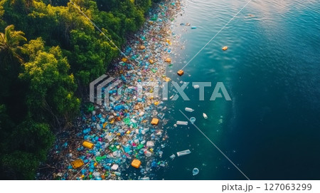 Aerial View of Plastic Pollution Accumulated Along a Shoreline 127063299