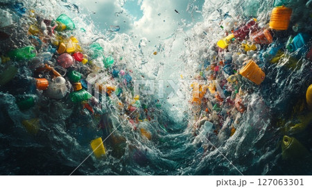 Plastic Waste Engulfed by Ocean Waves Plastic Waste Engulfed by Ocean Waves 127063301