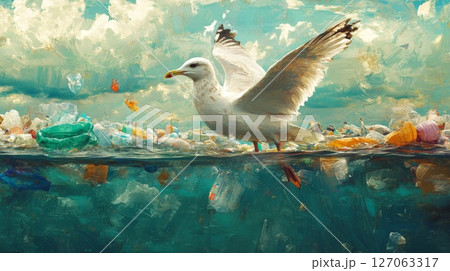 Seagull Perched on Plastic Waste in the Ocean Seagull Perched on Plastic Waste in the Ocean 127063317