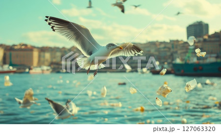 Seagull Flying Over a Harbor Filled with Plastic Waste 127063320