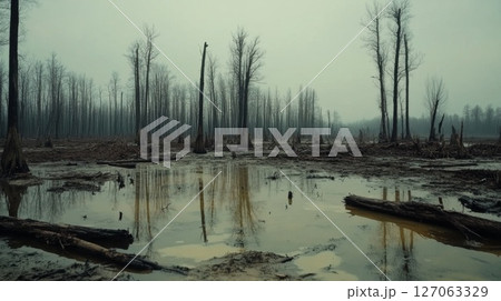 A flooded forest with dead trees and a muddy water surface. A flooded forest with dead trees and a muddy water surface. 127063329