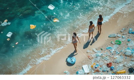 Women on a Beach Contaminated with Plastic Waste Women on a Beach Contaminated with Plastic Waste 127063332