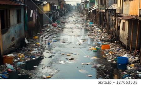 A Narrow Canal Filled With Garbage In A Poorly Developed City A Narrow Canal Filled With Garbage In A Poorly Developed City 127063338