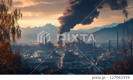 Industrial Plant Against a Mountainous Sunset with Plumes of Smoke Industrial Plant Against a Mountainous Sunset with Plumes of Smoke 127063359
