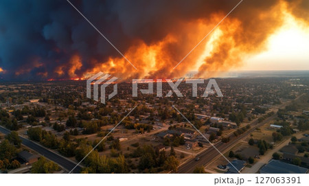 Aerial View of a Wildfire Approaching a Suburban Neighborhood 127063391