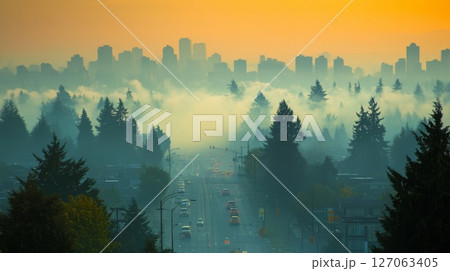 Cityscape Skyline Hidden by Fog and Trees with Cars on Road Below Cityscape Skyline Hidden by Fog and Trees with Cars on Road Below 127063405