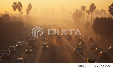 A hazy sunset over a highway with cars and palm trees 127063409