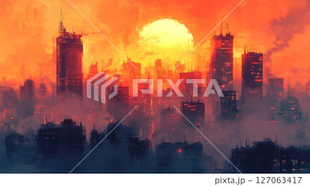 A city skyline silhouetted against an orange sunset with a large, bright sun in the sky. A city skyline silhouetted against an orange sunset with a large, bright sun in the sky. 127063417