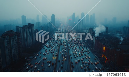 A Foggy Cityscape with Traffic Jam and High-Rise Buildings A Foggy Cityscape with Traffic Jam and High-Rise Buildings 127063418