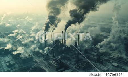 Aerial View of Industrial Complex with Smoke Plumes 127063424