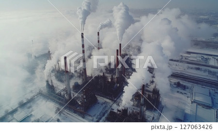 Industrial Complex in Snowy Landscape with Plumes of Smoke 127063426