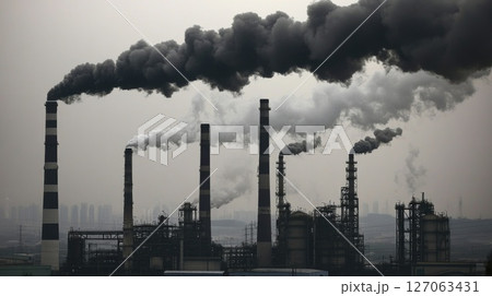 Industrial Smokestacks Emitting Black Smoke into Cloudy Sky Industrial Smokestacks Emitting Black Smoke into Cloudy Sky 127063431