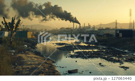 Polluted River with Industrial Smoke and Trash in Foreground Polluted River with Industrial Smoke and Trash in Foreground 127063440