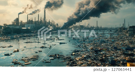 Industrial Pollution and Trash Covering a River Industrial Pollution and Trash Covering a River 127063441